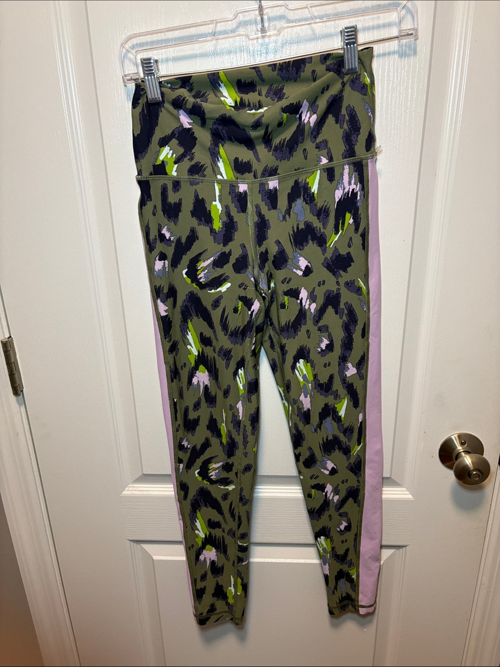 aerie Olive Green Leopard Print Leggings with Pink Side Stripe